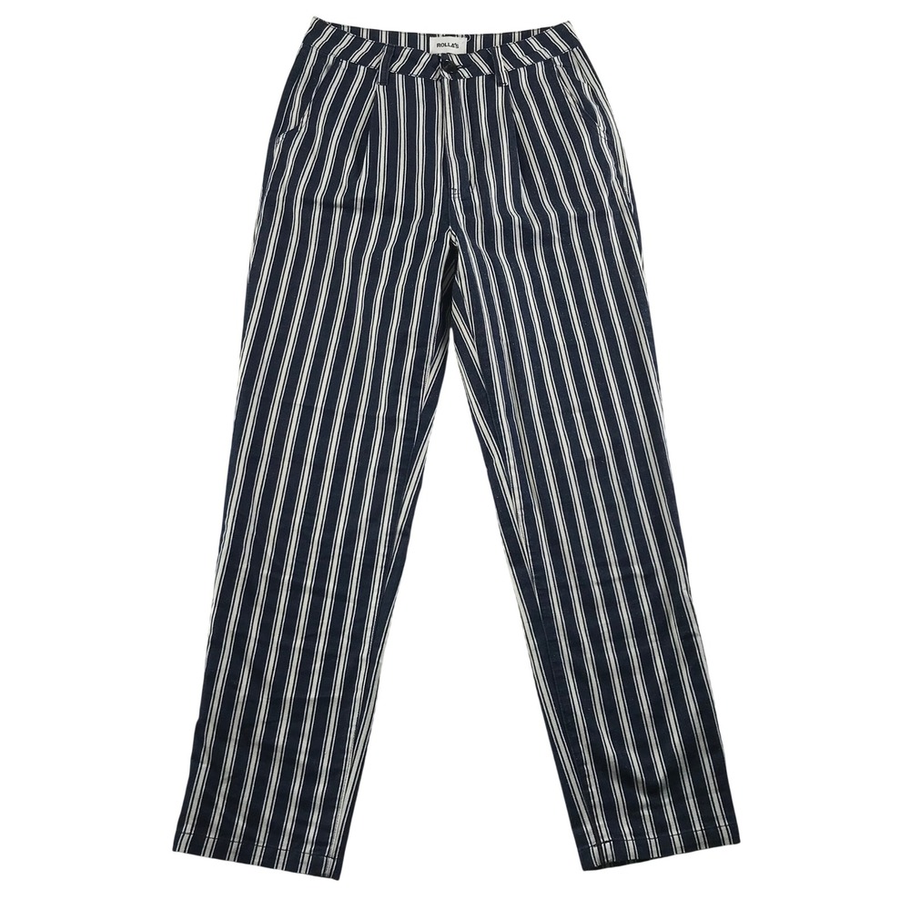 Rollas Navy White Striped High Waisted Pleated Cotton Trousers Size 27 Aussie 9